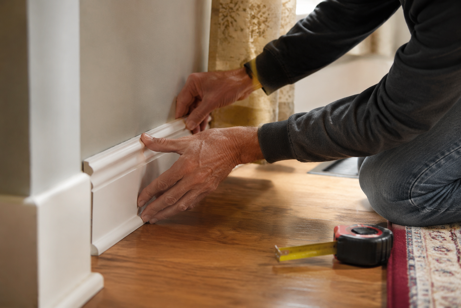 Hands fitting interior baseboard trim in a home