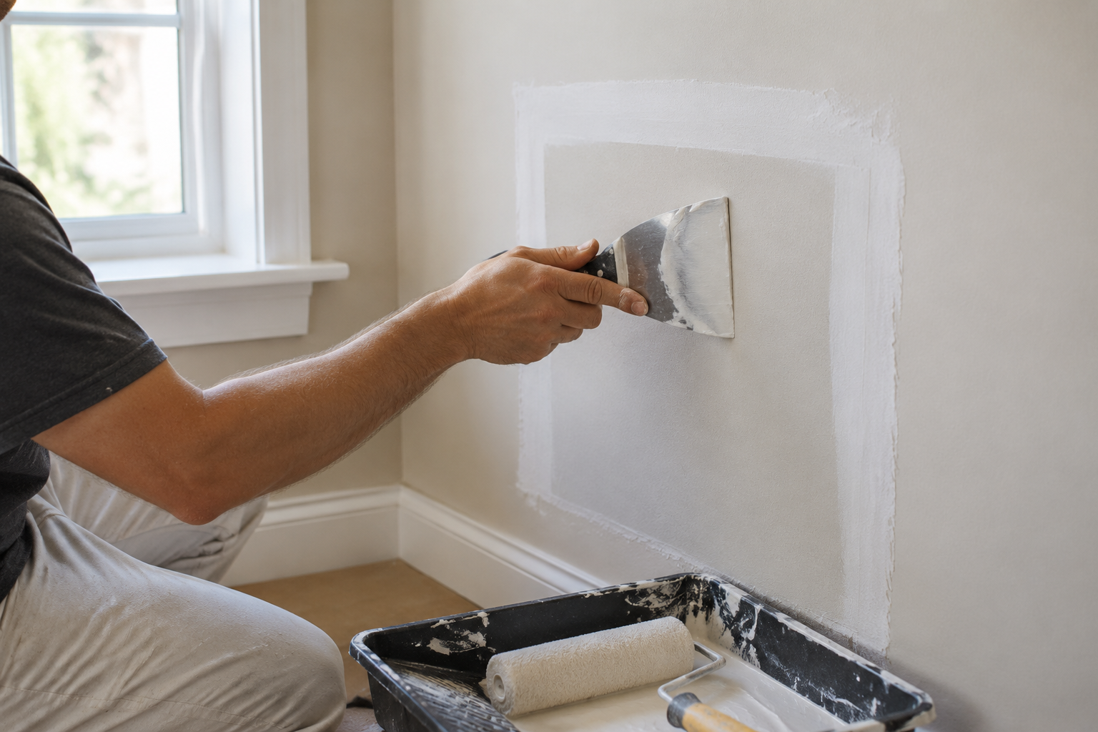A craftsperson smoothing joint compound over a drywall repair with painting tools nearby